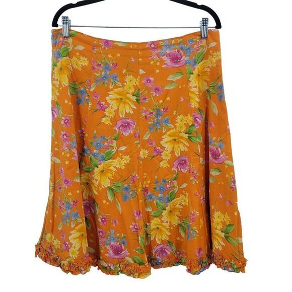 Vintage 90s Skirt 12 Orange Floral Cotton Paneled Tea Length A-line Ruffle Hem - Picture 10 of 10